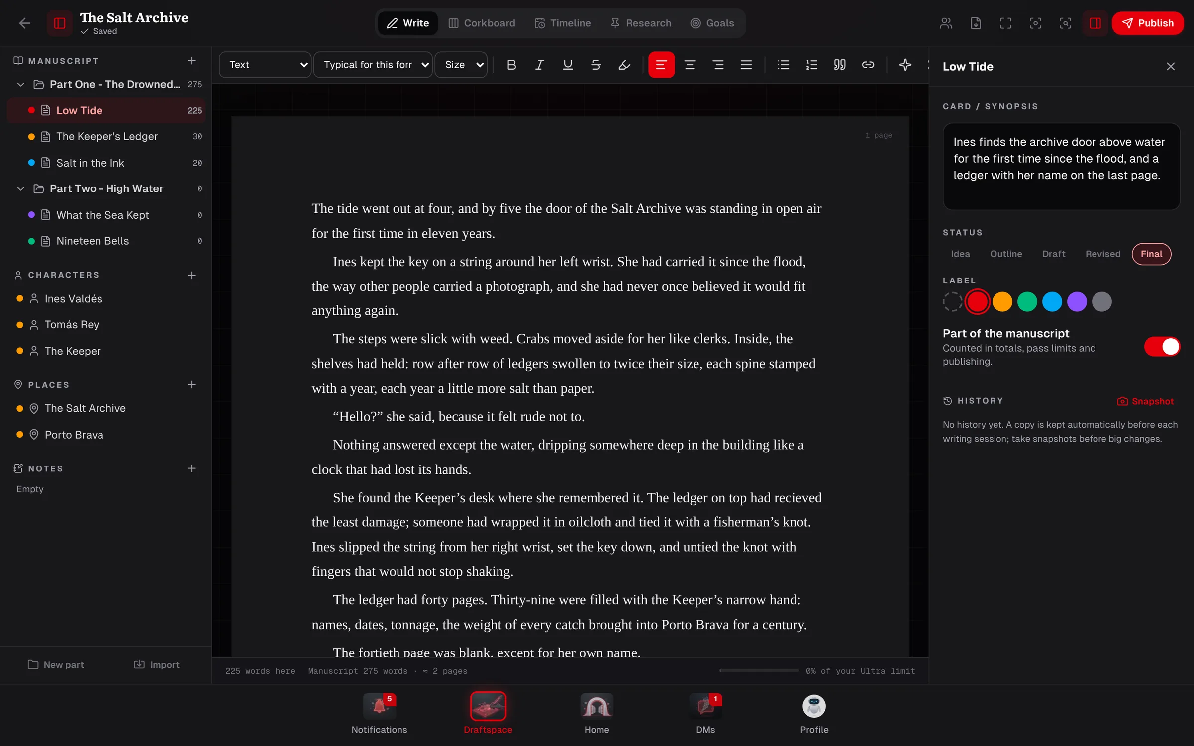 Draftspace: a novel open with its chapters, the page and the chapter's notes